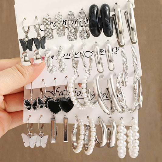 6 Styles 5-6 Pairs Set Butterfly Pearl Hoop Drop Dangle Earrings Trendy Women