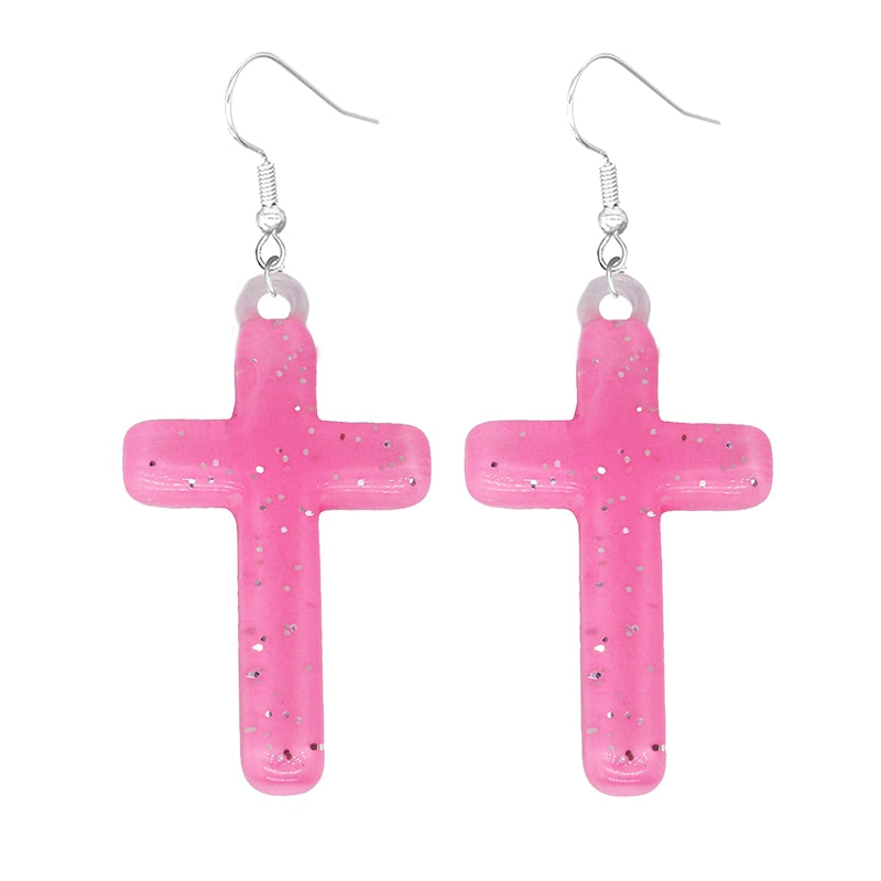 Pink Glitter Cross Drop Earrings Women Art Fashion Cartoon Earrings Creative