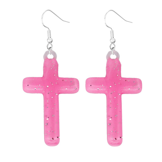 Pink Glitter Cross Drop Earrings Women Art Fashion Cartoon Earrings Creative