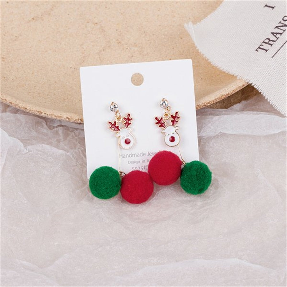 Deer Green Red Fluffy Ball Drop Earrings Women Party Cute Art Jewelry Dangle