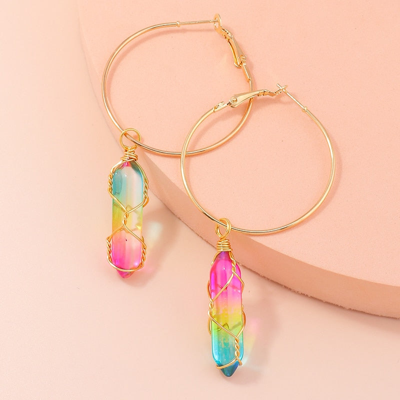 Colorful Stone Pendant Hoop Earrings Trendy Women Fashion Earrings Jewelry Gift