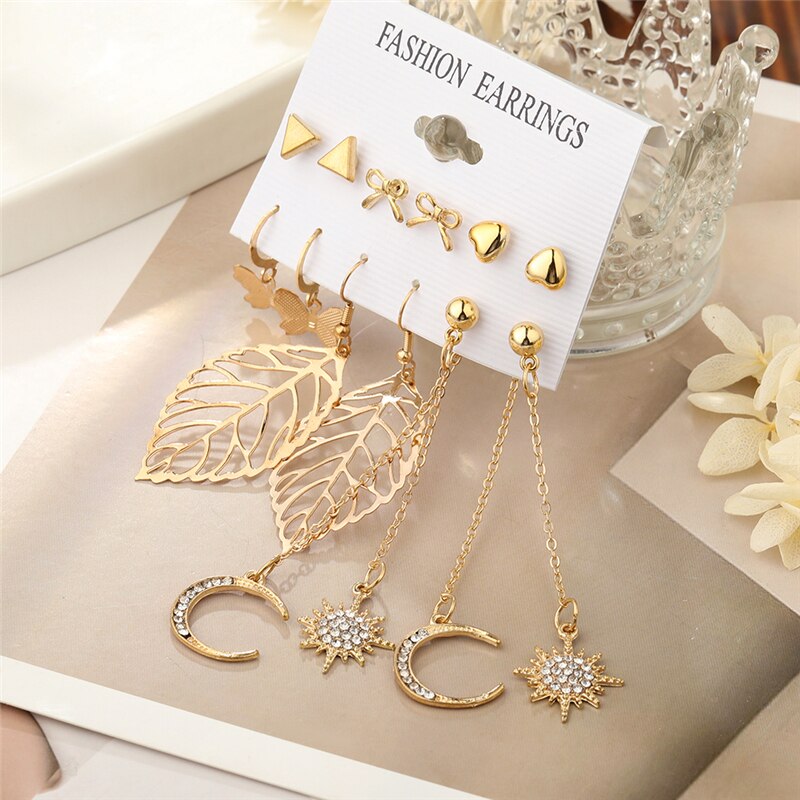 6 Pairs Leaf Moon Butterfly Dangle Earrings for Fashion Stylish Jewelry Drop