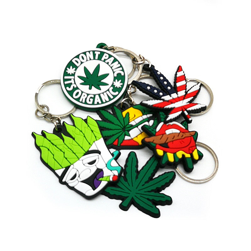 6 Styles PVC Green Leaf Vibes Hemp Leaf Style Keychain Car Keyring Cartoon