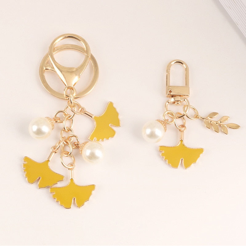 1pcs Pearl Leaf Alloy Keychain For Women Car Key Holder Apricot Leaf Pendant