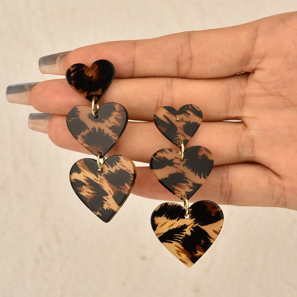 Acrylic Leopard Pattern Heart Dangle Earrings Women Charms Earring Fashion