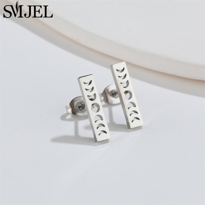 Silver-colored Moon Phase Stainless Steel Earrings Women Jewelry Small Studs