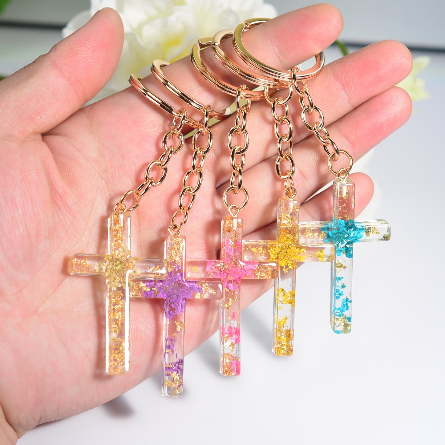 5 Styles Foil Dried Flower Filling Cross Keychain For Women Bag Ornaments