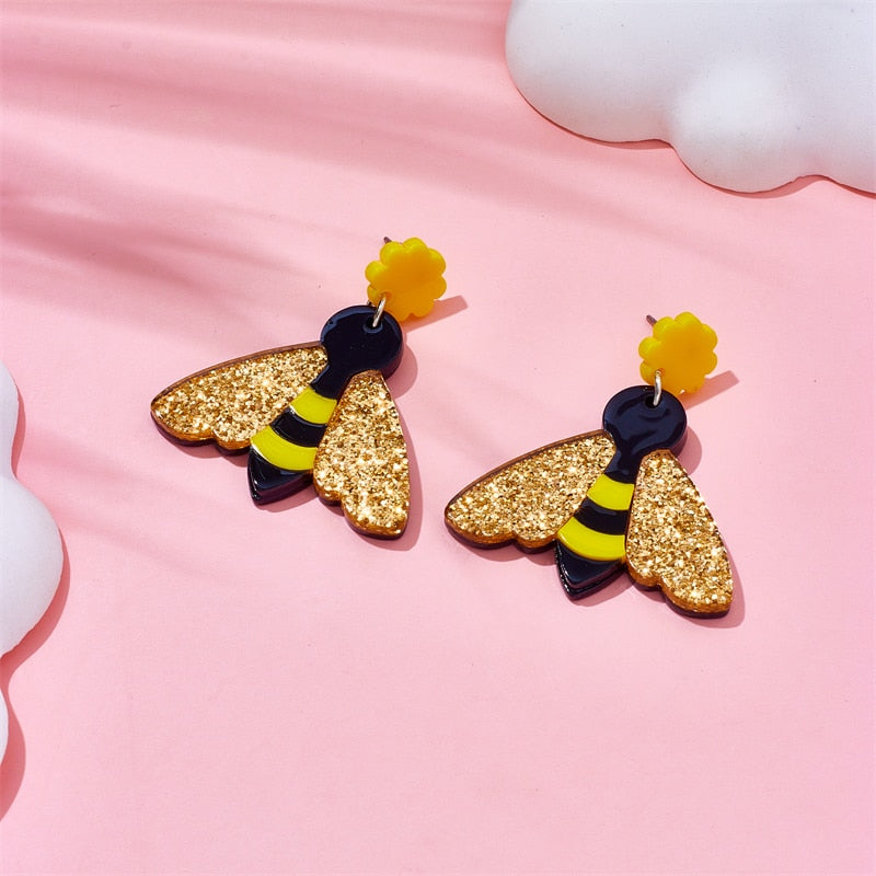 Glitter Bee Drop Earrings Female Travel Cartoon Earrings Creative Art Jewelry