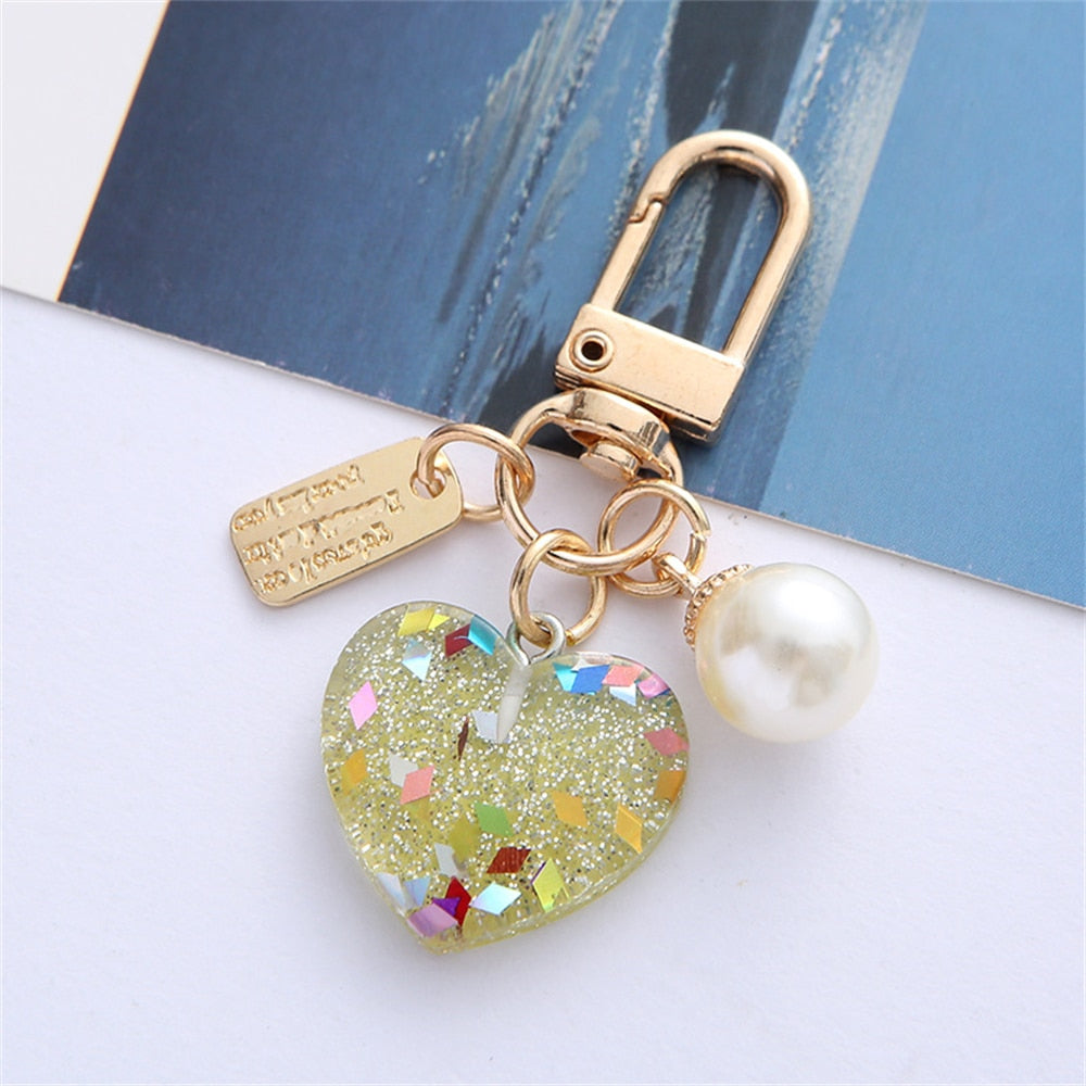 5 Styles Cute Resin Heart Key Chain Colorful Sequins Filled Keychain with Pearl