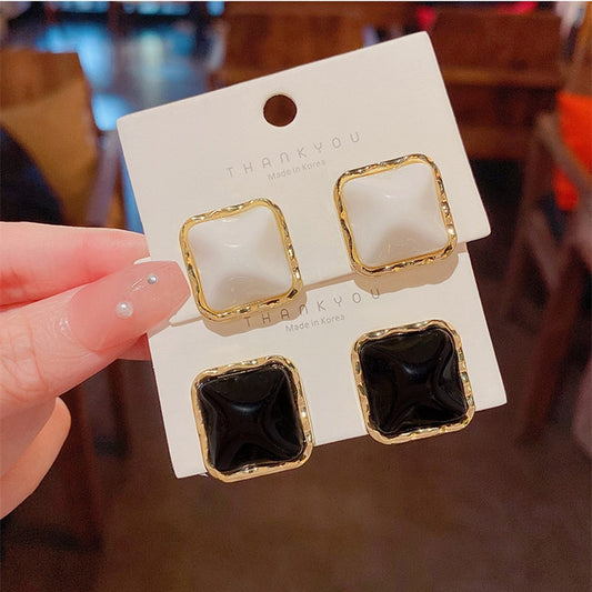 White Black Square Fashion Earrings Minimalist Creative Style Ear Studs Earrings