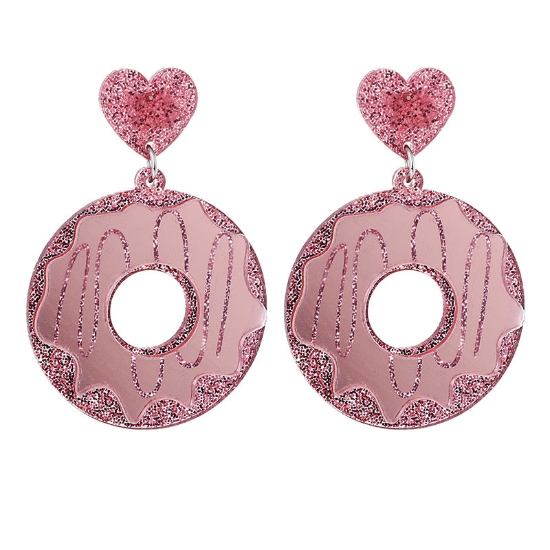 Pink Glitter Donut Acrylic Drop Earrings Women Travel Fashion Cartoon Earrings