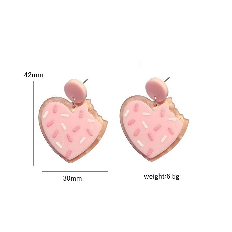 Valentine's Day Acrylic Pink Heart Cookie Dangle Earrings Women Girl Fashion