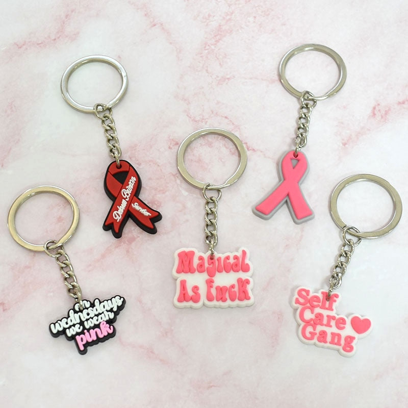 20 Styles Cartoon Breast Cancer Salon PVC Keychain Pink Ribbon Keyring Keychain