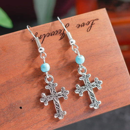 Textured Cross Turquoise Detail Dangle Earrings Women Gifts Earring Cute Girls