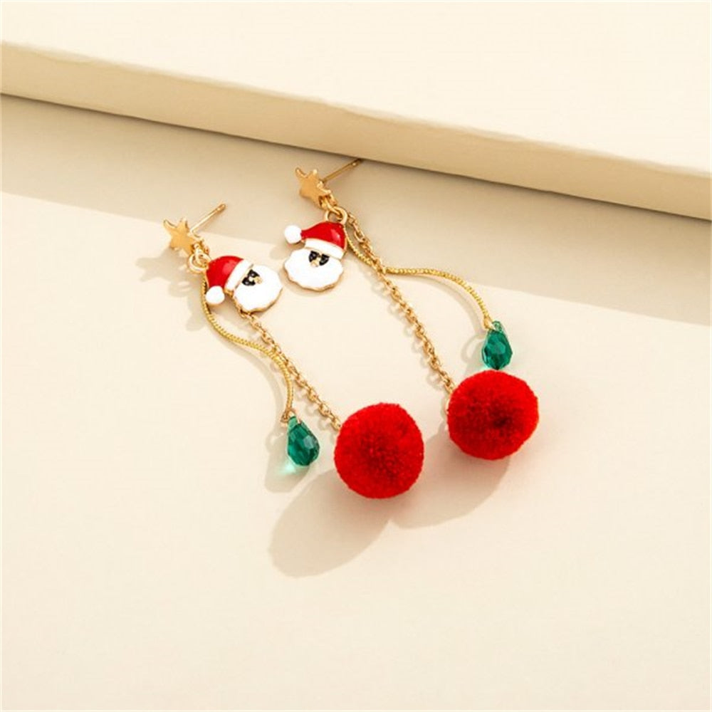 Santa Claus Fluffy Pom Pom Drop Charm Earrings For Women Girl Fashion Modern