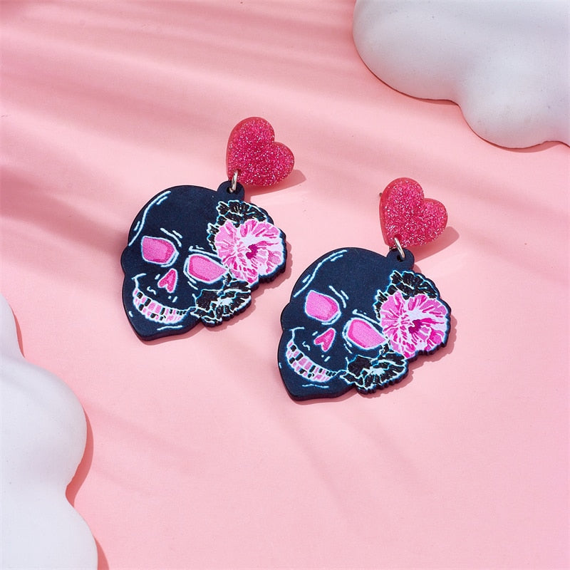 Skull and Rose Drop Earrings Female Travel Cartoon Earrings Creative Art Jewelry