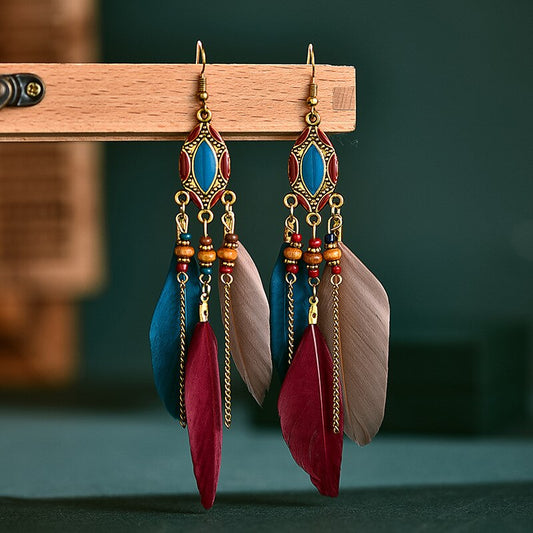 Blue Red Feathers Dangle Earrings for Fashion Stylish Jewelry Drop Earrings