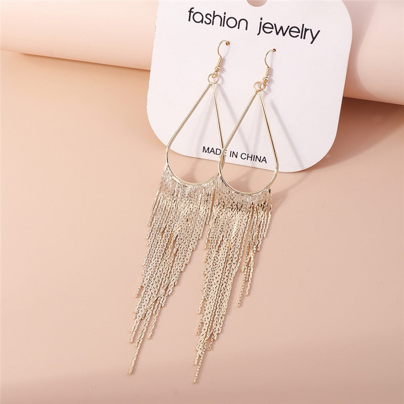 Long Drop Earrings with Metal Tassels Trendy Women Fashion Earrings Jewelry Gift