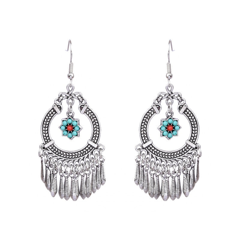 Turquoise Flower Metal Tassels Dangling Drop Earrings Female Fashion Earrings