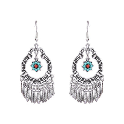 Turquoise Flower Metal Tassels Dangling Drop Earrings Female Fashion Earrings