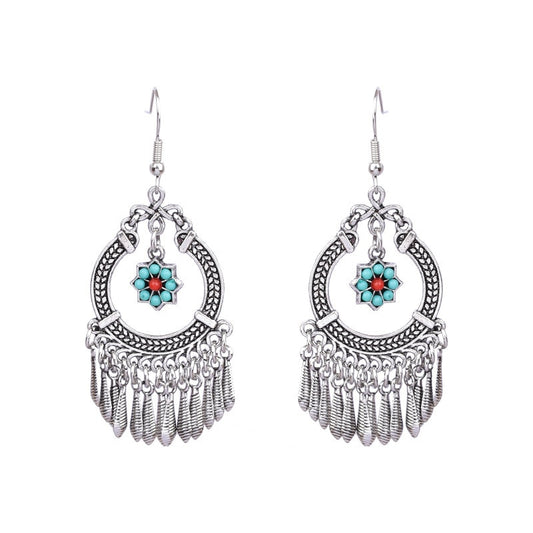 Turquoise Flower Metal Tassels Dangling Drop Earrings Female Fashion Earrings