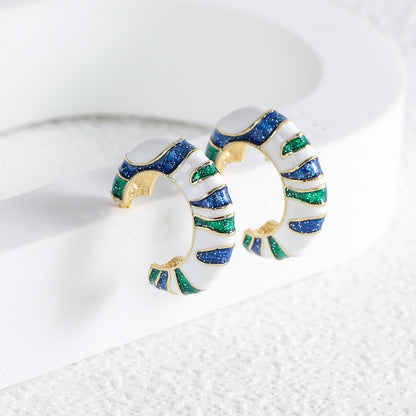 Green Blue Striped C-shaped Hoop Drop Earrings Cartoon Art Women Party Jewelry