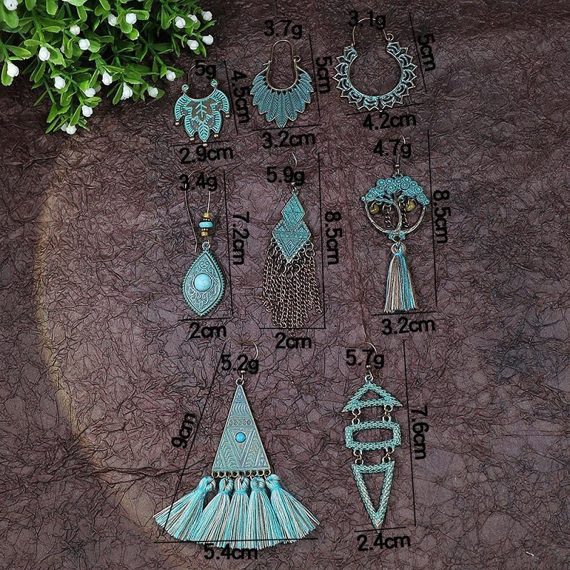 15 Styles Blue Vintage Geometric Boho Fringed Big Ethnic Dangle Earrings Women