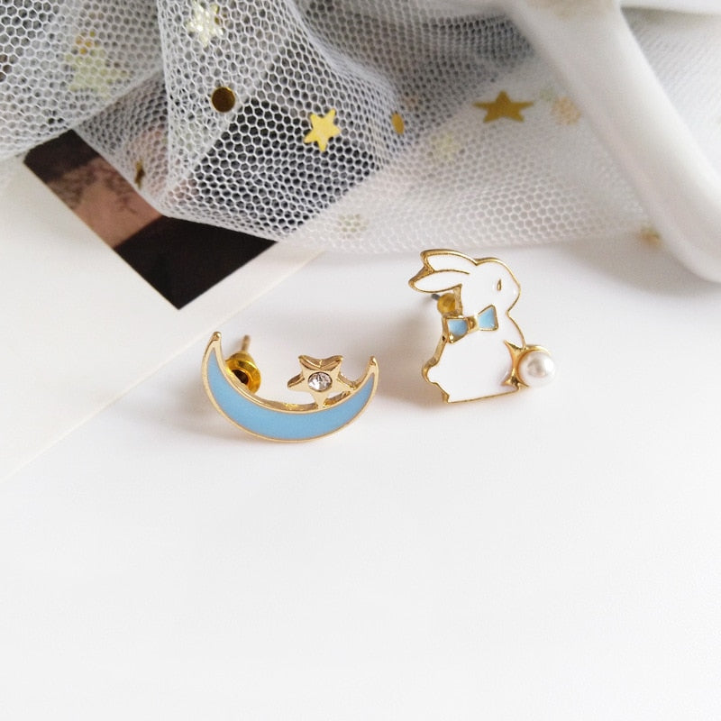 Moon and Rabbit Stud Earrings Women Party Wedding Jewelry Creative Gifts