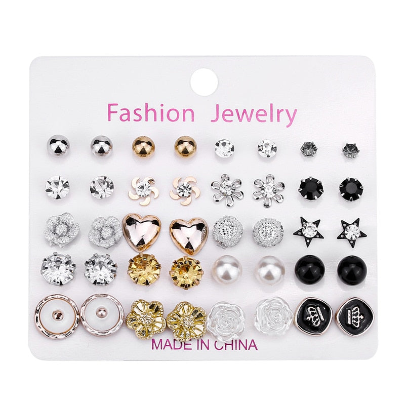 21 Styles 12-20 Pairs Set Butterfly Star Heart Rose Flower Stud Earrings Women