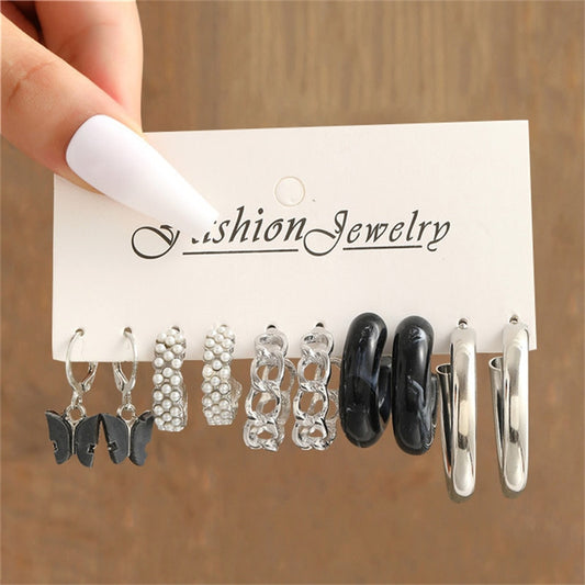 5 Pairs Black Tone Hoop Dangle Earrings Women Charms Earring Fashion Creative