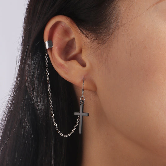 1Pc Simple Black Cross Drop Earring with Chain Ear Cuff Trendy Women Fashion