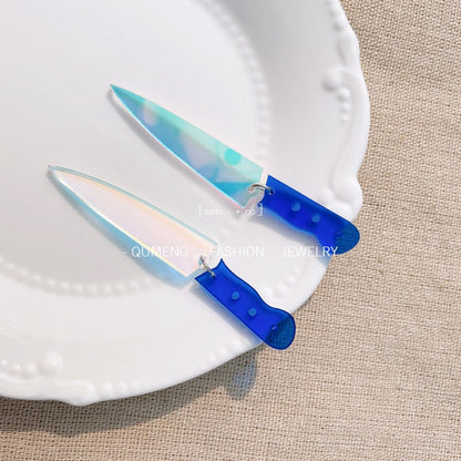 Blue Handle Knife Drop Earrings Hip Hop Art Women Party Jewelry Ear Fashion