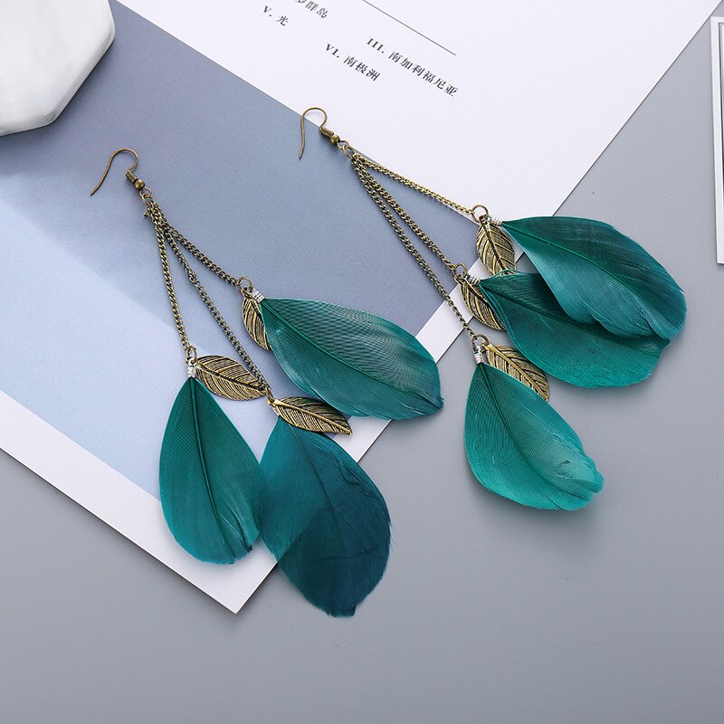 Aqua Green Feathers Tassel Earrings for Fashion Stylish Jewelry Drop Earrings