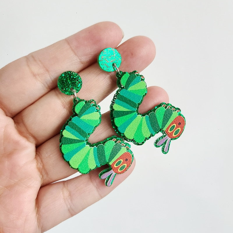 Green Caterpillar Acrylic Drop Earrings Women Travel Fashion Cartoon Earrings