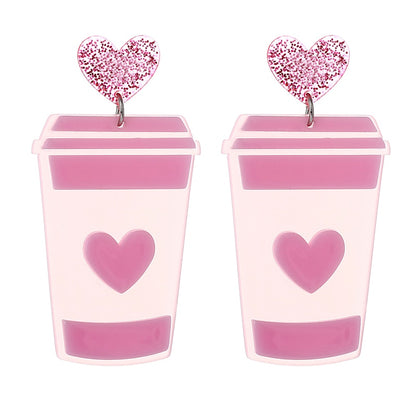 Pink Coffee Cup Acrylic Drop Earrings Women Travel Fashion Cartoon Earrings