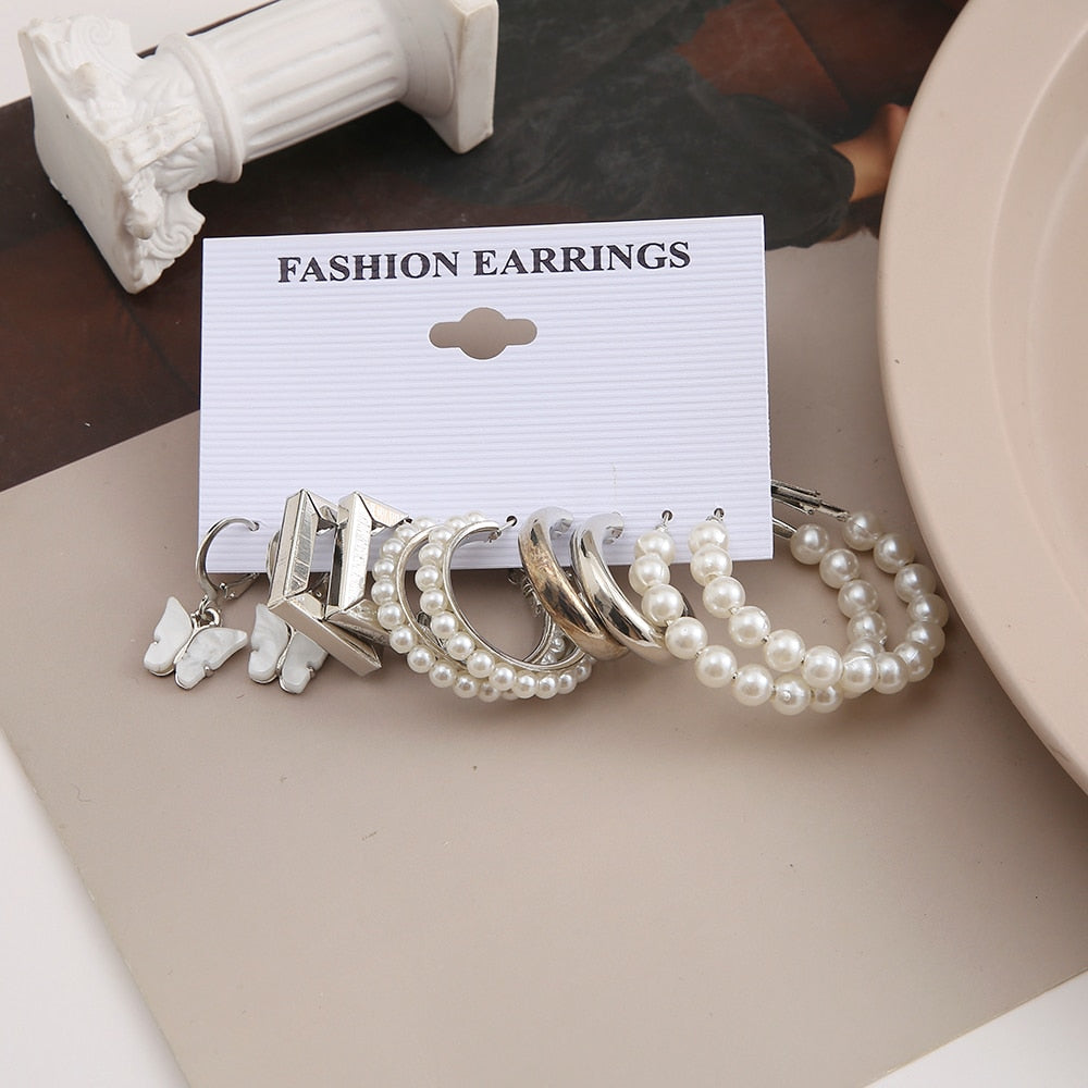 6 Styles 5-6 Pairs Set Butterfly Pearl Hoop Drop Dangle Earrings Trendy Women