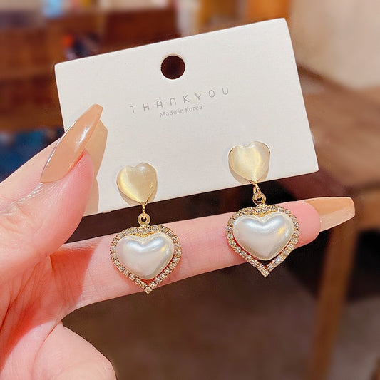 Pearl Heart Dangle Earrings Creative Ear Pendants Accessories Women Jewelry