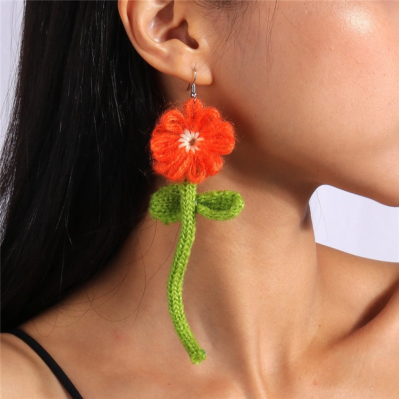 Knit Red Flower Dangle Drop Earrings Women Charms Earring Fashion Creative