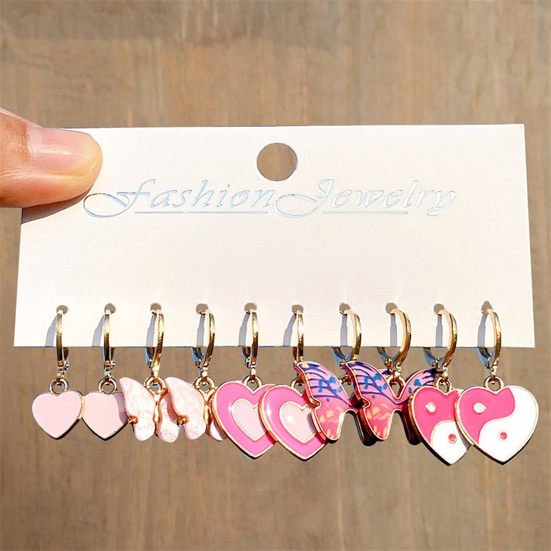 13 Styles 5-6 Pairs Set Heart Butterfly Dangle Earrings for Girls Women Birthday