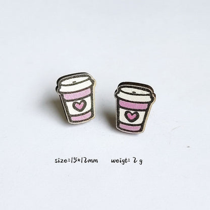 Wooden Cartoon Soda Cup Stud Charm Earrings For Women Girl Fashion Modern