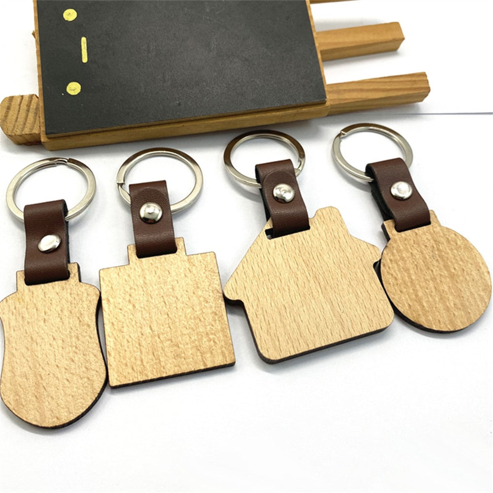 10 Styles Wooden Keychain Geometric House Car Shape Leather Wood Keyring Bag