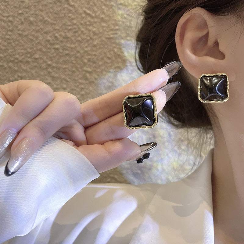 White Black Square Fashion Earrings Minimalist Creative Style Ear Studs Earrings