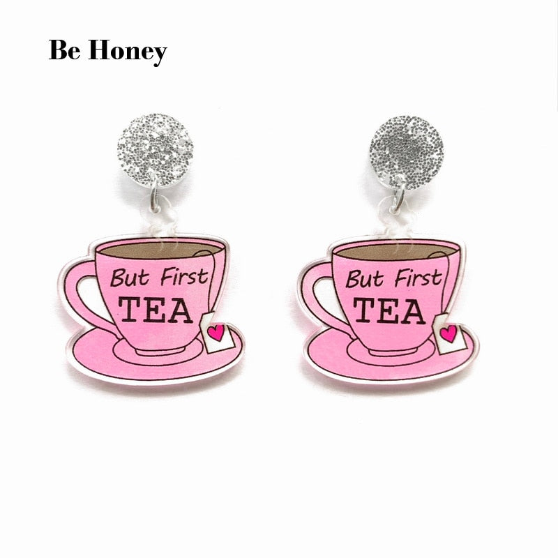 But First Tea Pink Tea Cup Drop Dangle Earrings Trendy Women Fashion Earrings