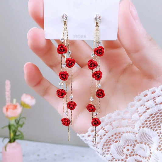 Red Roses Tassel Drop Earrings Women Modern Wedding Jewelry Dangle Gifts
