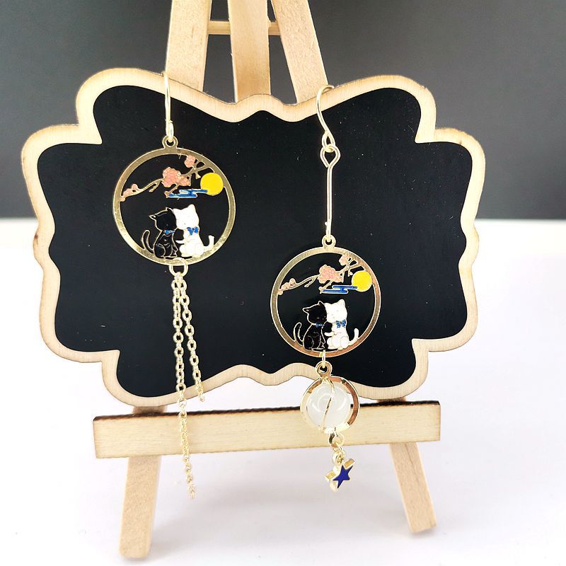 9 Styles Enamel Moon Stars Rabbit Asymmetrical Drop Earrings for Girls Women