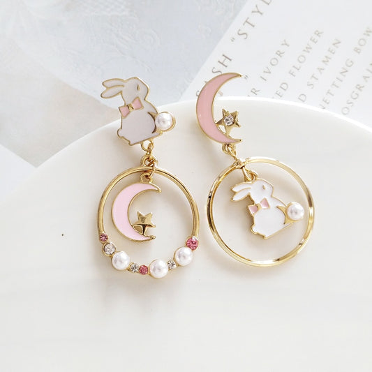 Mismatched Cute Rabbit Moon Dangle Earrings for Girls Women Birthday Gift Lovely