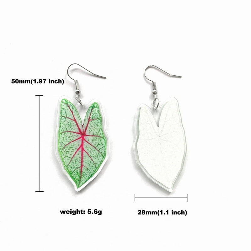 Green Pink Acrylic Botanical Caladium Leaves Drop Earrings Fashion Women Summer