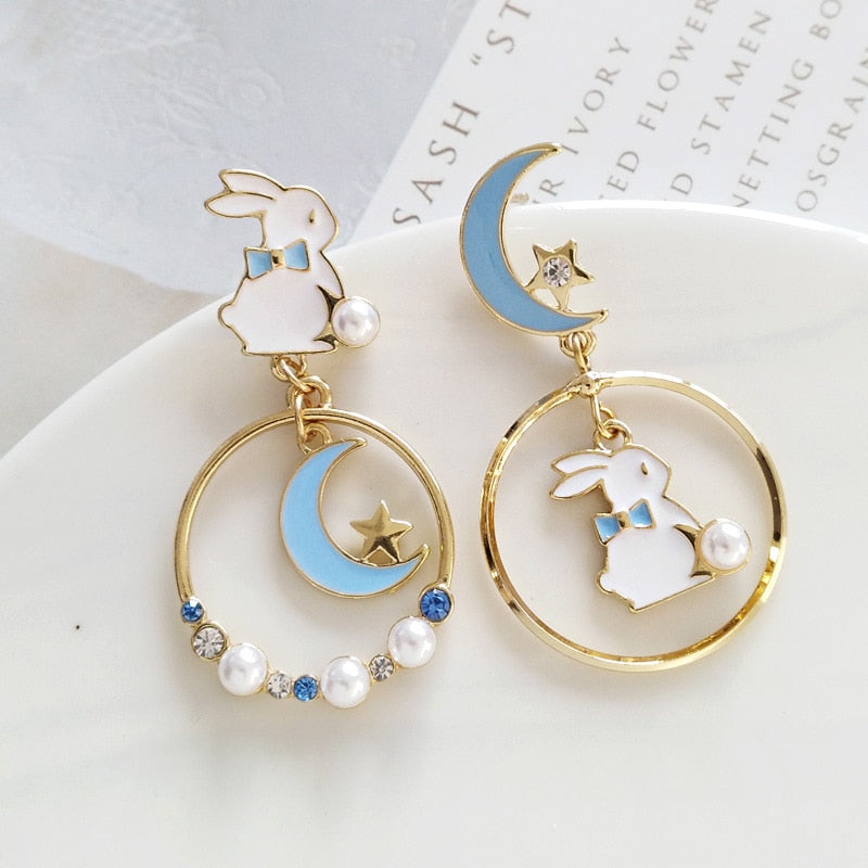 9 Styles Enamel Moon Stars Rabbit Asymmetrical Drop Earrings for Girls Women