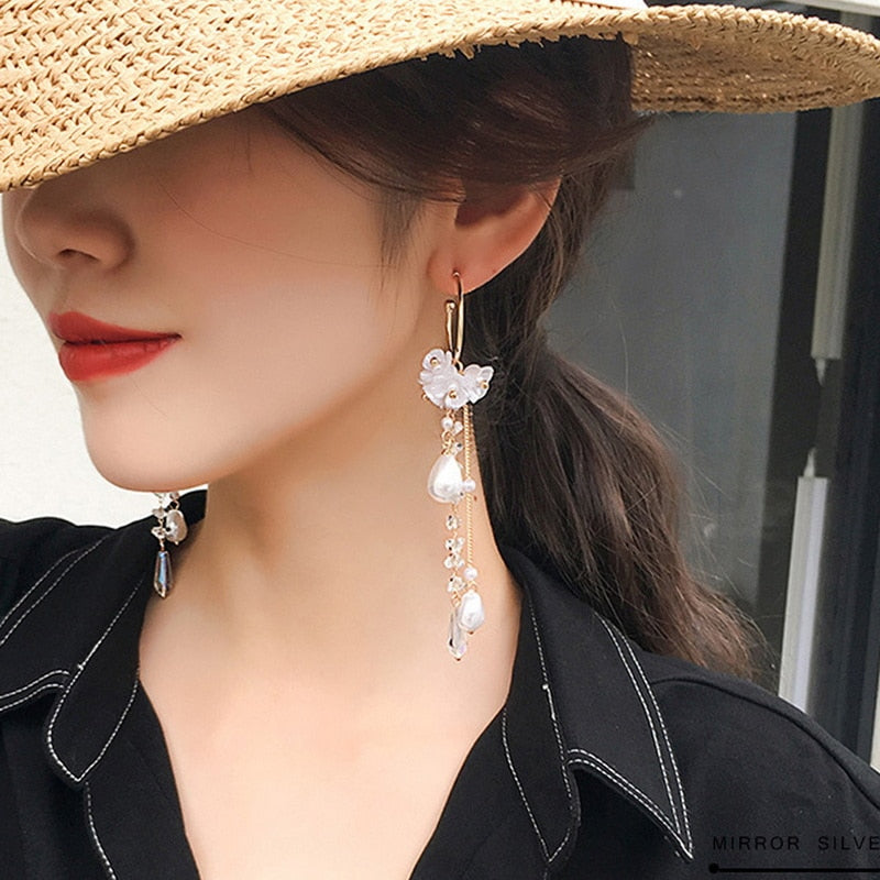 Crystal Tassel White Flower Drop Earrings Women Modern Wedding Jewelry Dangle