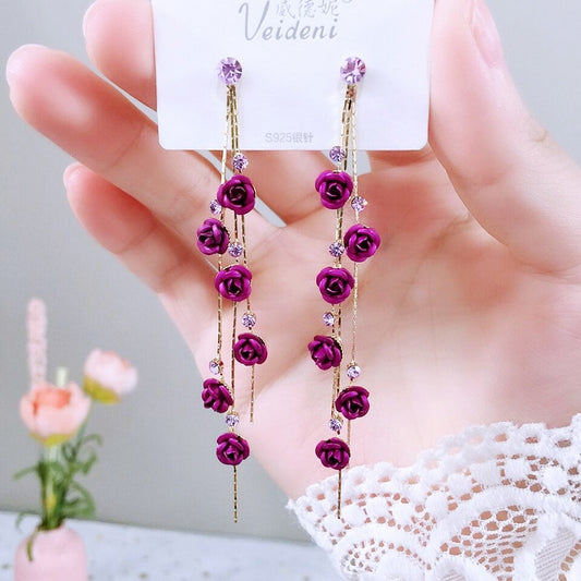 Purple Roses Tassel Drop Earrings Women Modern Wedding Jewelry Dangle Gifts